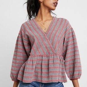 Madewell Striped V-Neck Peplum Top XXS